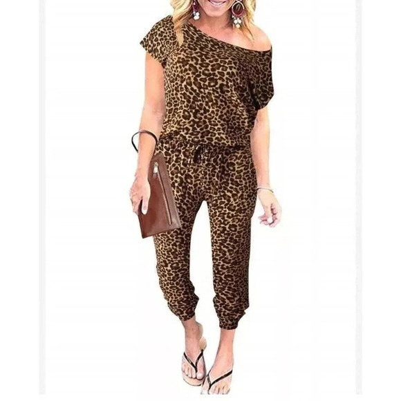 Anrabess‎ Jumpsuit Sleeveless Animal Print Stretch Pockets Drawstring Large NWT - Picture 1 of 7